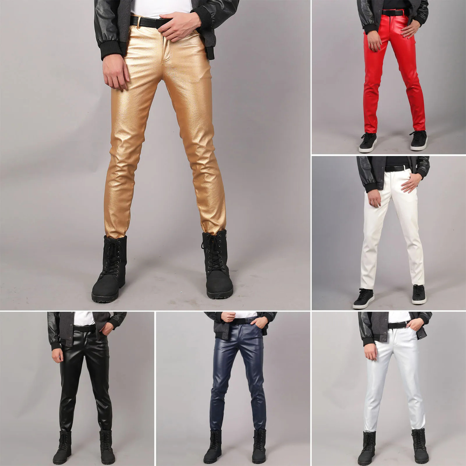 Men Fashion Rock Style PU Leather Pants Night Club Dance Male Faux Slim Fit Skinny Motorcycle Trousers 250704