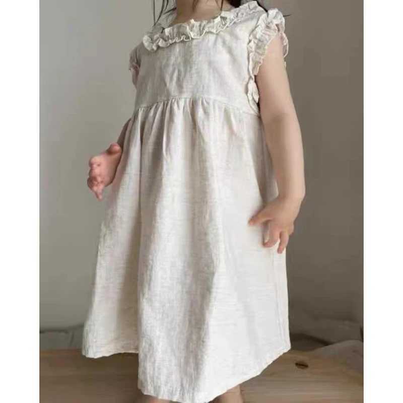1-6 Years Solid Linen Cotton Ruffle Sleeve Kids Dresses Summer Princess Party Dress Toddler Girl A-Line Sundress Baby Girl Dress R250707