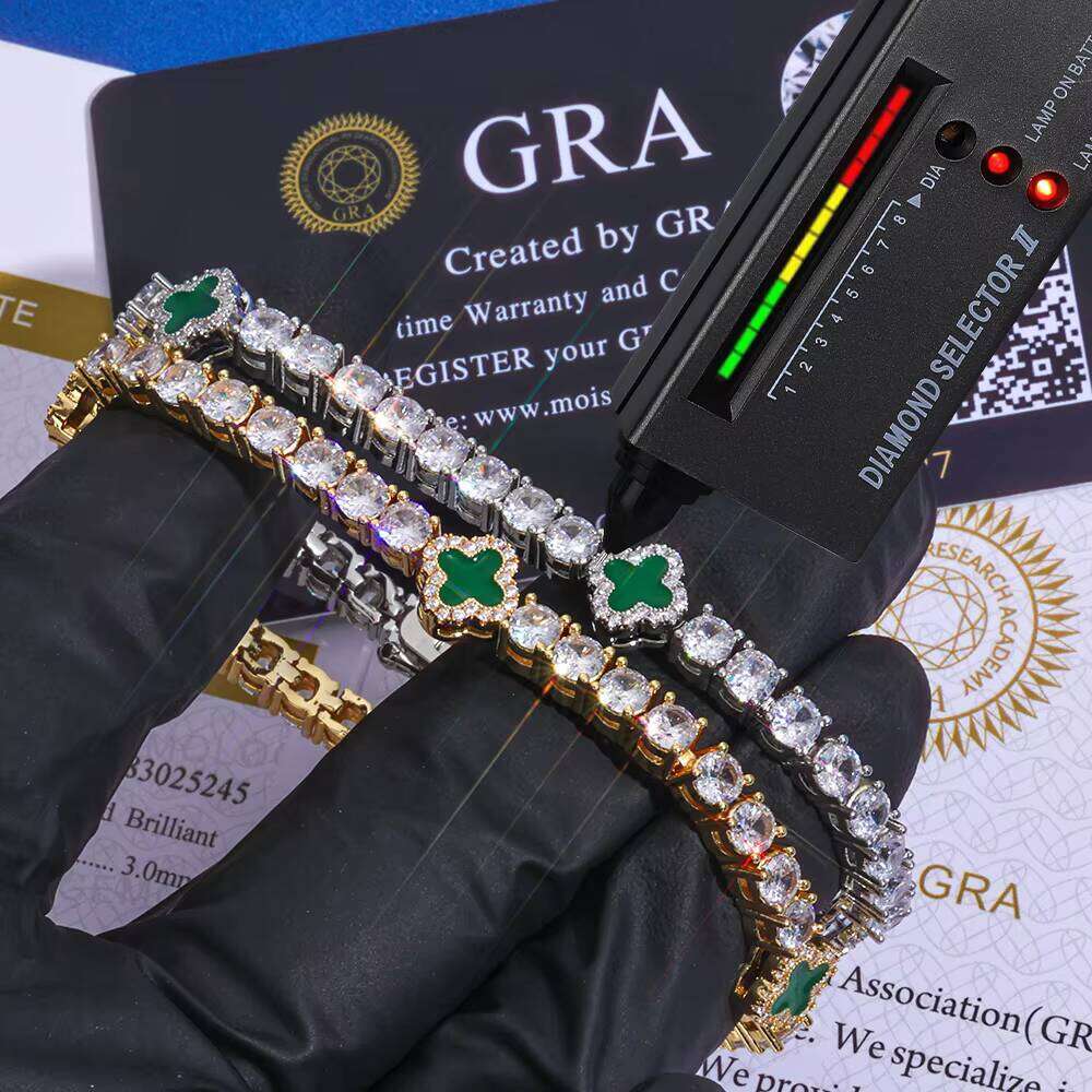 NUOYA Unisex Hip Hop Bracelet 4mm Tennis Chain Sier Iced Out VVS Moissanite Multicolor Clover Leaf Fine Jewelry