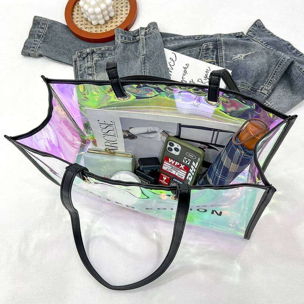Fashion Transparent Handbag For Women PVC Clear Bag Travel Ladies Shoulder Bags With Purse Large Capacity Eco Beach Tote