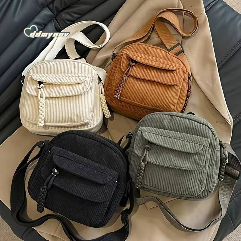 Corduroy Crossbody Bag for Women Casual Harajuku Style Zipper Closure Adjustable Strap Multi Pockets Polyester Lining Beige ddmynov