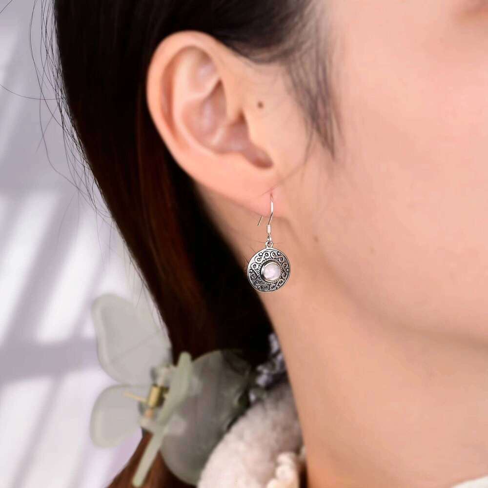 Ethnic Sier Earrings, Round Moonstone, Suitable for Women's Fine Jewelry Gifts