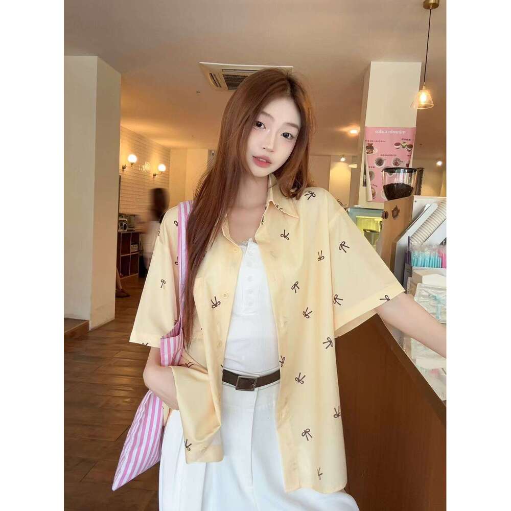 Pink Printed Bow Short Sleeve For Women Summer Sweet Design Sense Niche Stylish Thin Shirt Jacket B5