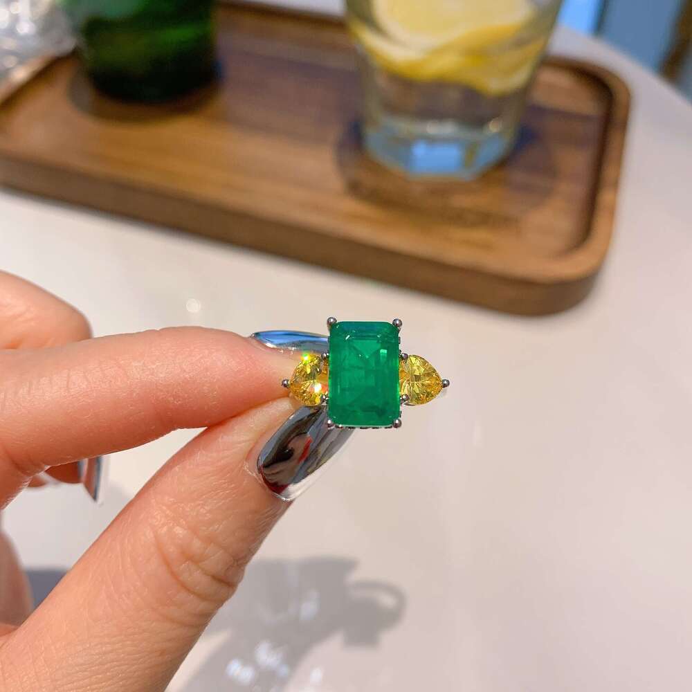 New Style Socialite Micro Pave Square Shape Large Zircon Ring Imitation Paraiba Color Jewelry 6E7