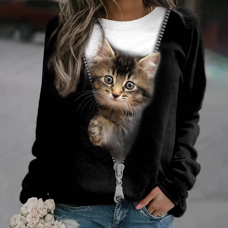 Funny Cat Hoodie Women Fashion Y2k Hoodies Sweatshirt Donkey Print Hoodie O-neck Clothes Animal Pullover Kawaii Sweats Girl Coat 250708