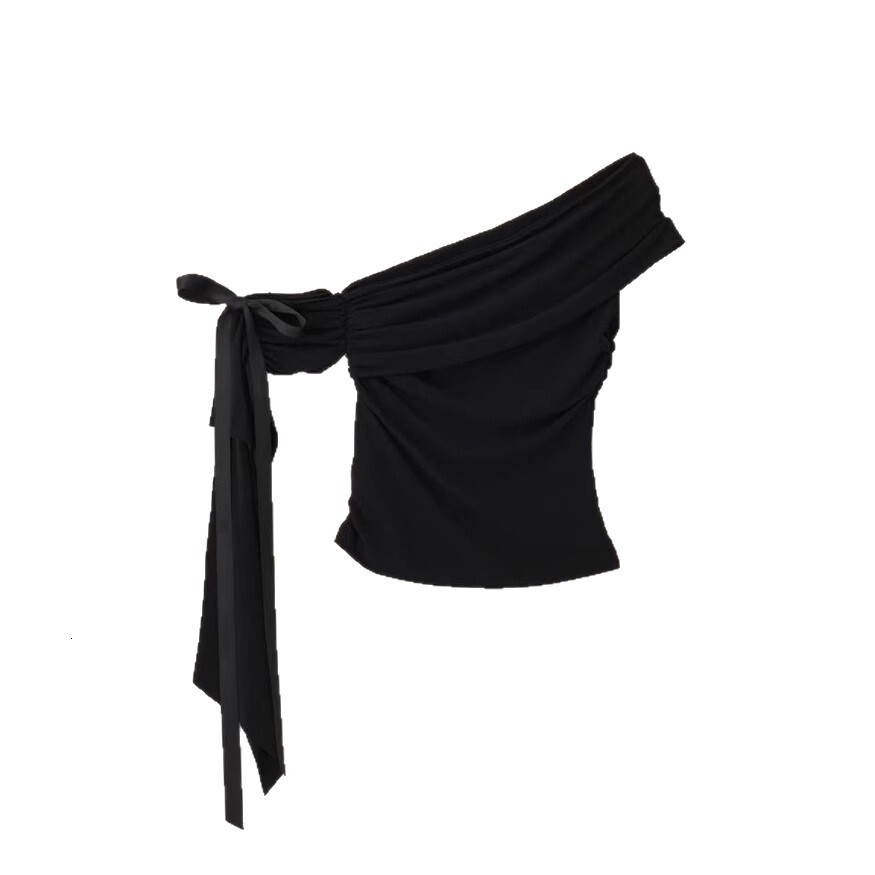 2025 Summer new women's T-shirt niche spicy girl style single shoulder off shoulder ruffled irregular sleeves slim fit short sleeved top new desi