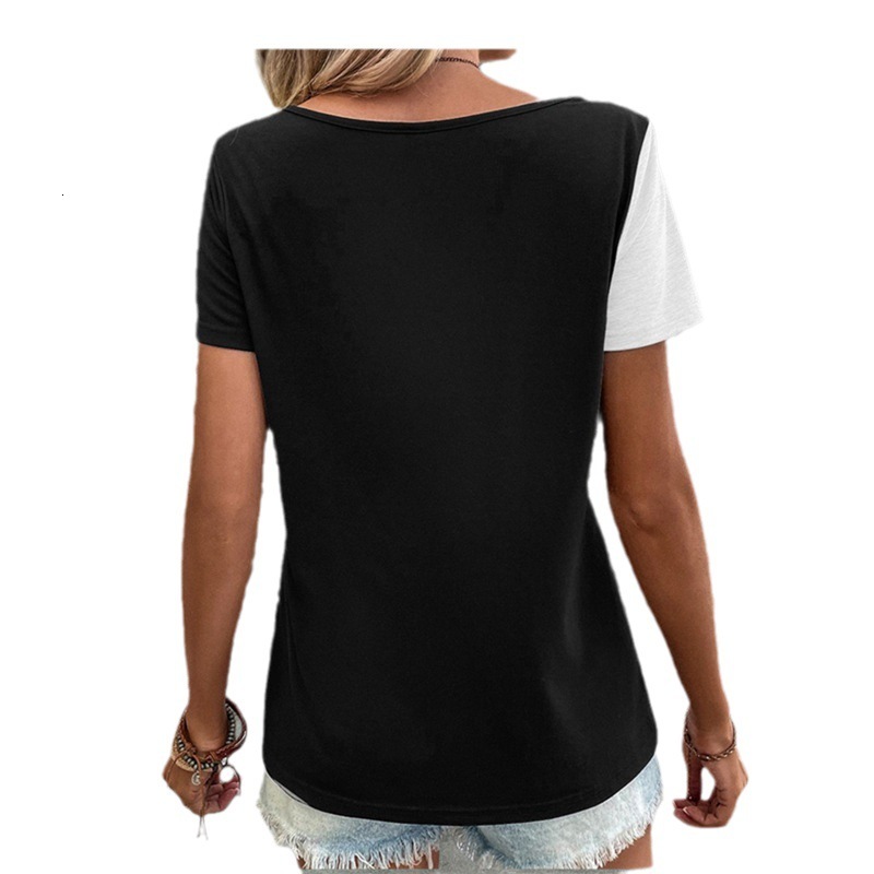 2025 Summer new women's T-shirt new loose casual fashion T-shirt color blocked asymmetrical collar short sleeved top women's new designer T-