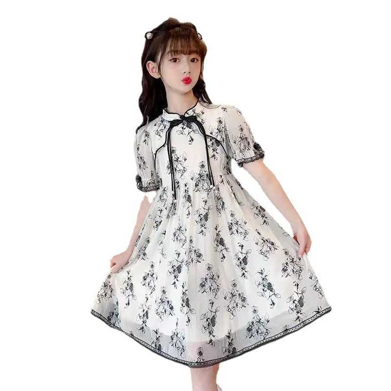 2024 New Vintage Qipao Dress for Girls Summer Ink Painted Childrens Princess Dress Summer Flower Girl Dresses 8 10 11 12 Years R250707