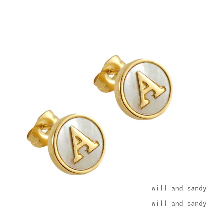 26 English Letter Initial Stud Earrings 18k Gold Plated Natural Shell Alphabet Name Ear Rings for Woman Luxury Jewelry Wedding Birthday Valentine Moth