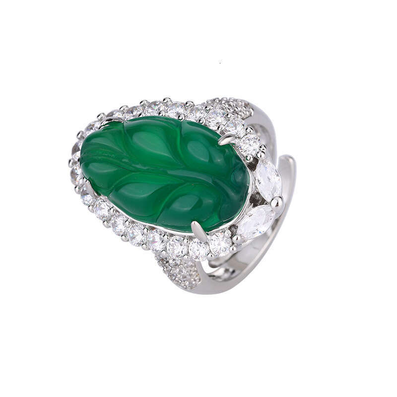 Huayoumei Jewelry Imitation Green Chalcedony Small Leaf Ring Earrings Women's Set 9C5