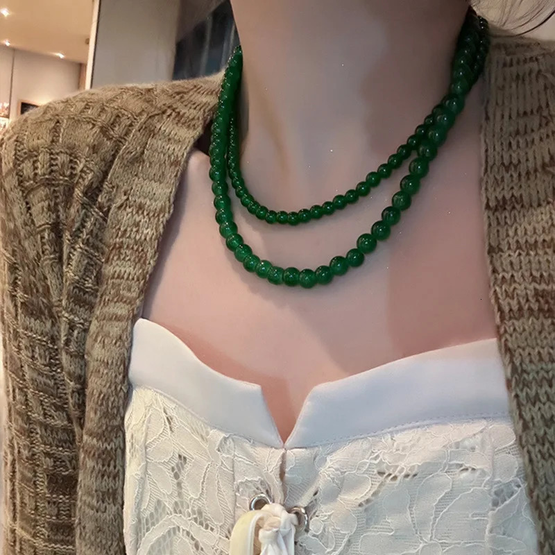 Minar 2025 4 6 8 10mm Green Color Glass Beads Strand Beaded Necklace for Women Female Silver Plated Toggle Clasp Chokers 250704