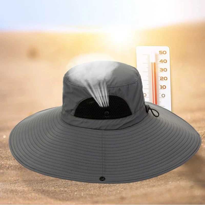 15cm Large Cap Polyester Sun Hat UV Protection Breathable Mesh Cap Foldable Fisherman Hat Outdoor Fishing Hiking Beach Caps Y250707