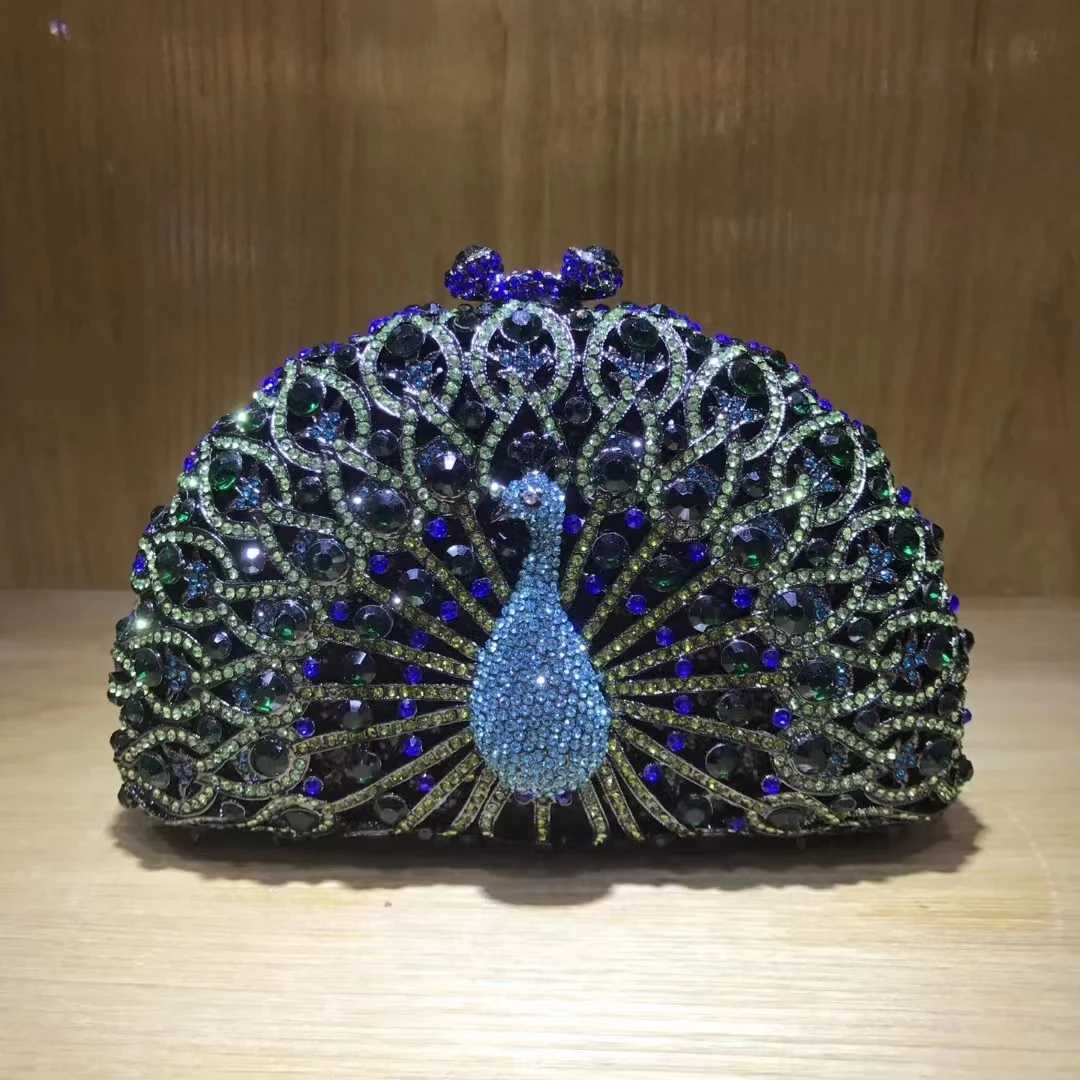 XIYUAN Woman Peacock Hollow Crystal Evening Bag Multicolored Diamond Bridal Animal Clutch Purse Wedding Cocktail Party Handbag