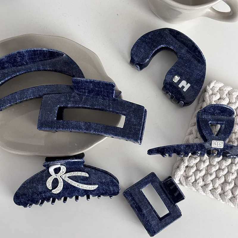 NEW Women Denim Blue Acetate Hair Claws Barrettes Hairpins Large Ponytail Hair Clips Girls Hair Accessories Shark Clip Hairgrip Y250707