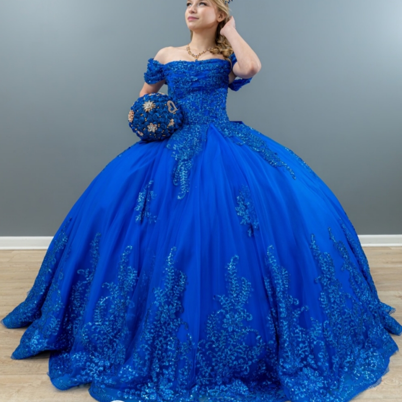 Royal Shiny Quinceanera Dresses Ball Gown Off The Shoulder Sequin Applique Beading Crystal Bow Tull Corset Party Birthday Sweet 16 Dress Vestidos De 1