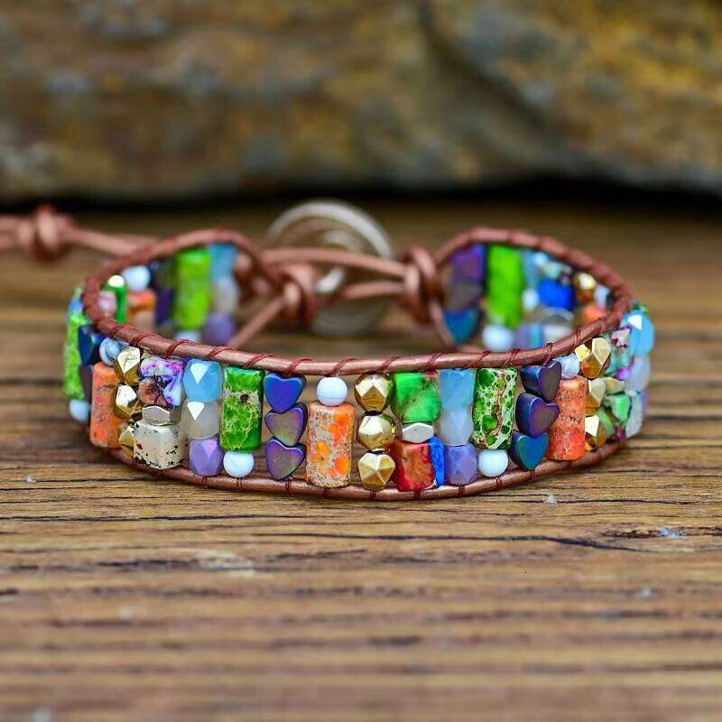 Women's Bohemian Heart Shape Hematite Imperial Natural Stone Single Leather Bag Bracelet