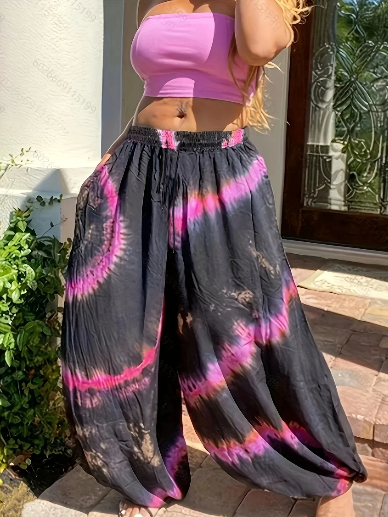 Plus Size 1XL5XL Women Fashion Tie Dye Comfort Wide Leg Pants Female Casual Vacation High Waisted Loose Long Trousers 250628