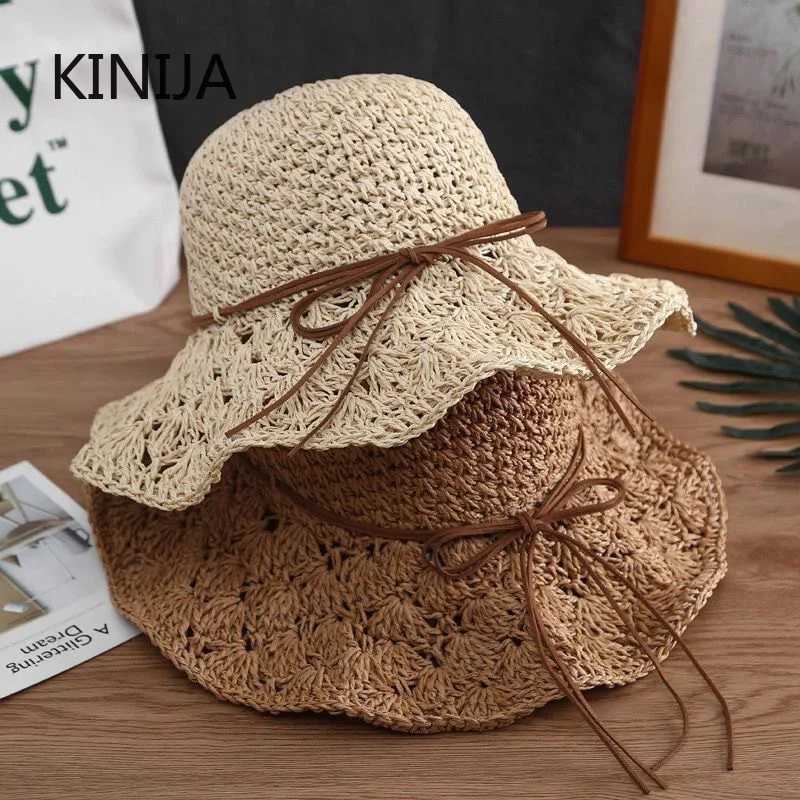 Holiday Beach Fisherman Hat Seaside Sun Protection Sun Hat Large Brim Bow Woven Straw Hat Women Panama Chapeau Koren Y250707