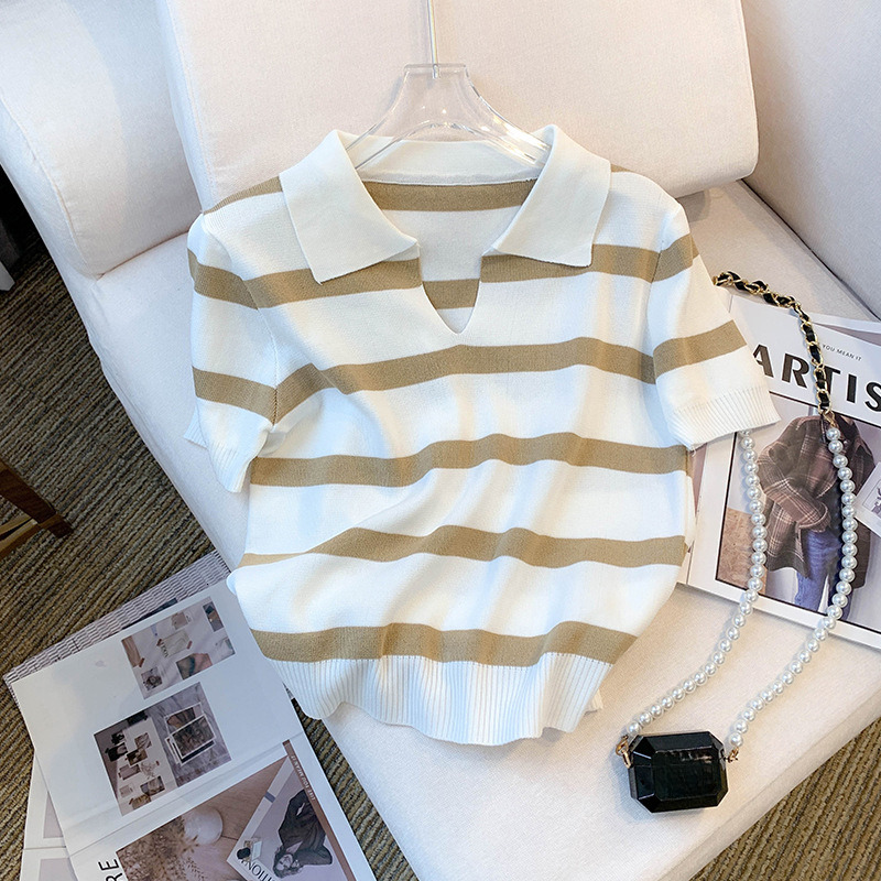 2025 Summer new women's T-shirt, new striped V-neck short sleeved T-shirt, summer new knitted top, women's new designer T-shirt