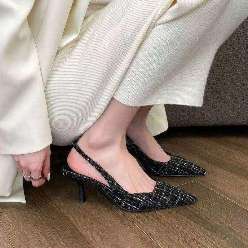 high heels Fashionable for women 2025 striped design black style pointed stilettos sexy and comfortable large-sized sandals