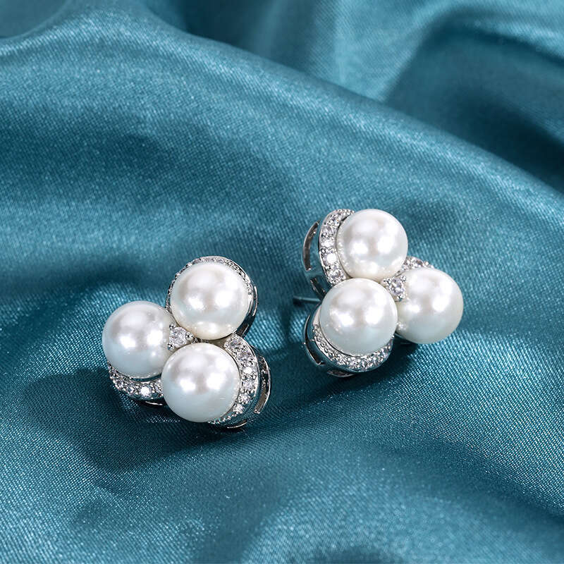 Gold-Plated Copper Live Hot Style Fashion Pearl Micro-Inlaid Dia Earrings Ring Necklace Three-Piece Set For Women A03