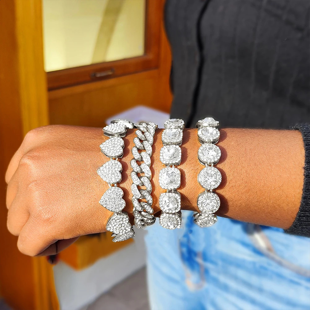Iced Out Pink Cuban Bracelet for Women Hip Hop Gold Silver Color Crystal Heart Circle Square 4Pcs Set Jewelry Gift 250707
