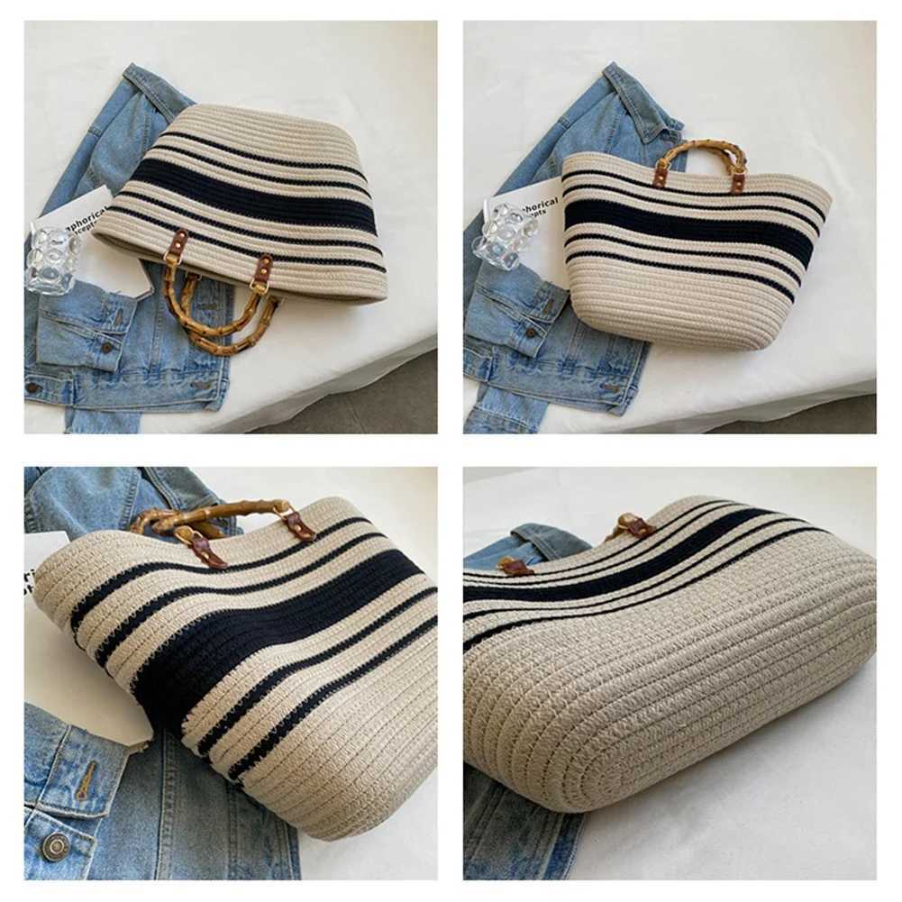 Cotton Woven Handbags Bamboo Handle Women Weaving Bag Large Capacity Striped Portable Casual Exquisite for Seaside Party
