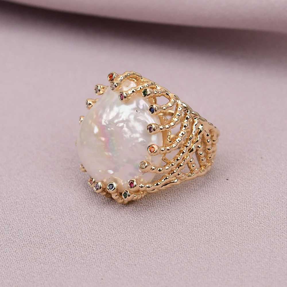 G-G Cultured White Coin Keshi Pearl Rings Mix Color CZ Paved Gold Plated Ring For Women Valentines Day Jewelry XJ250707