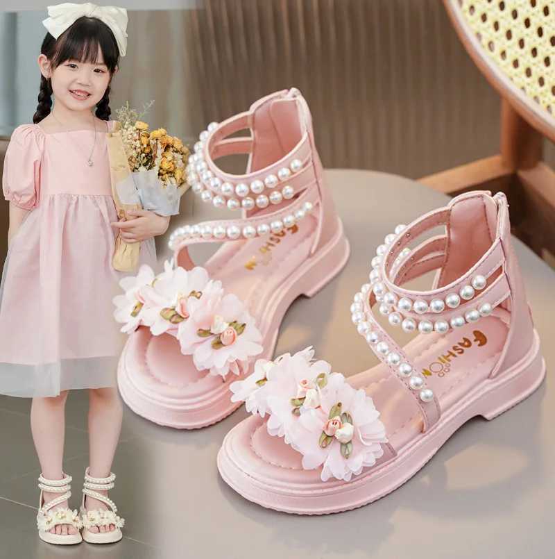 Childrens Sandals Summer Bowtie Princess Shoes for Girls Fashion Sweet Kids Casual Pearl Roman Sandals Solid Color Hook Loop R250707