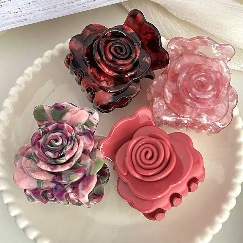 Muweordy French Vintage Rose Hair Claw Acetate Claw Clip Small Stereoscopic Flower Hair Clip for Girls Hair Accessories for Women Y250707