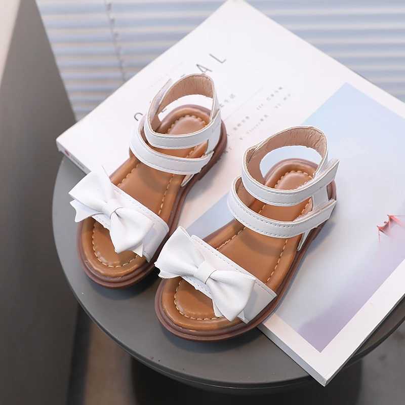 Little Children Sandals Ankle Strap Bowknot Black White Girls Sliders 21-30 Toddler Pu Leather Flexiable Summer Kids Flat ShoesR250707