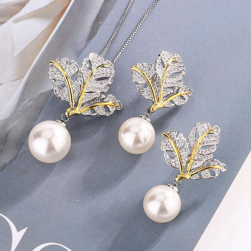 Huayoumei New Set Imitation Australian White Pearl Earrings Sier Needle Clavicle Chain Versatile Women's Jewelry Ec8