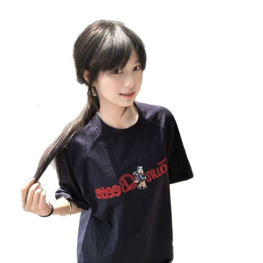 Korean Style Navy Blue Embroidered Bear Round Neck Short Sleeve T-Shirt For Women Summer New Loose Age-Reducing Top Trendy Brand B5