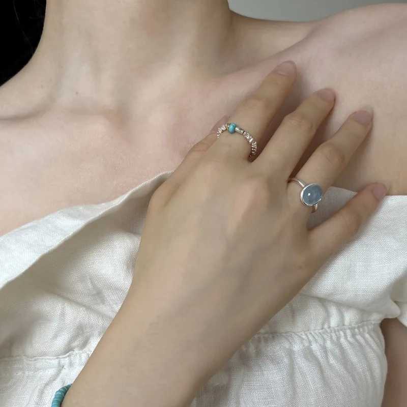 925 Sterling Silver Rings For Women Blue Stone Narrow Simple Minimalist Open Adjustable Finger Rings Fashion Band Female Jewelry XJ250707