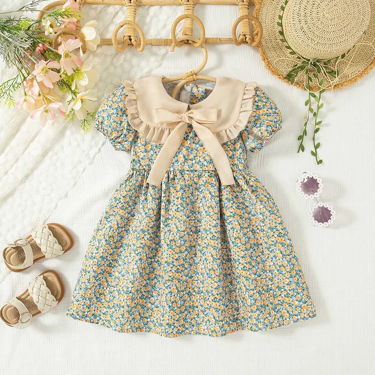 Girl Dress Summer Flower Printed Casual Dress Cute Collar Bow Elegant Outdoor Kids Clothing R250707
