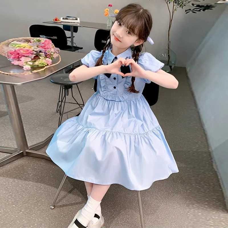 2025 New Summer Girls Dress Childrens College Style Gown Teenager Turn-down Collar Clothes Kids Fashion Short Sleeve Dresses R250707
