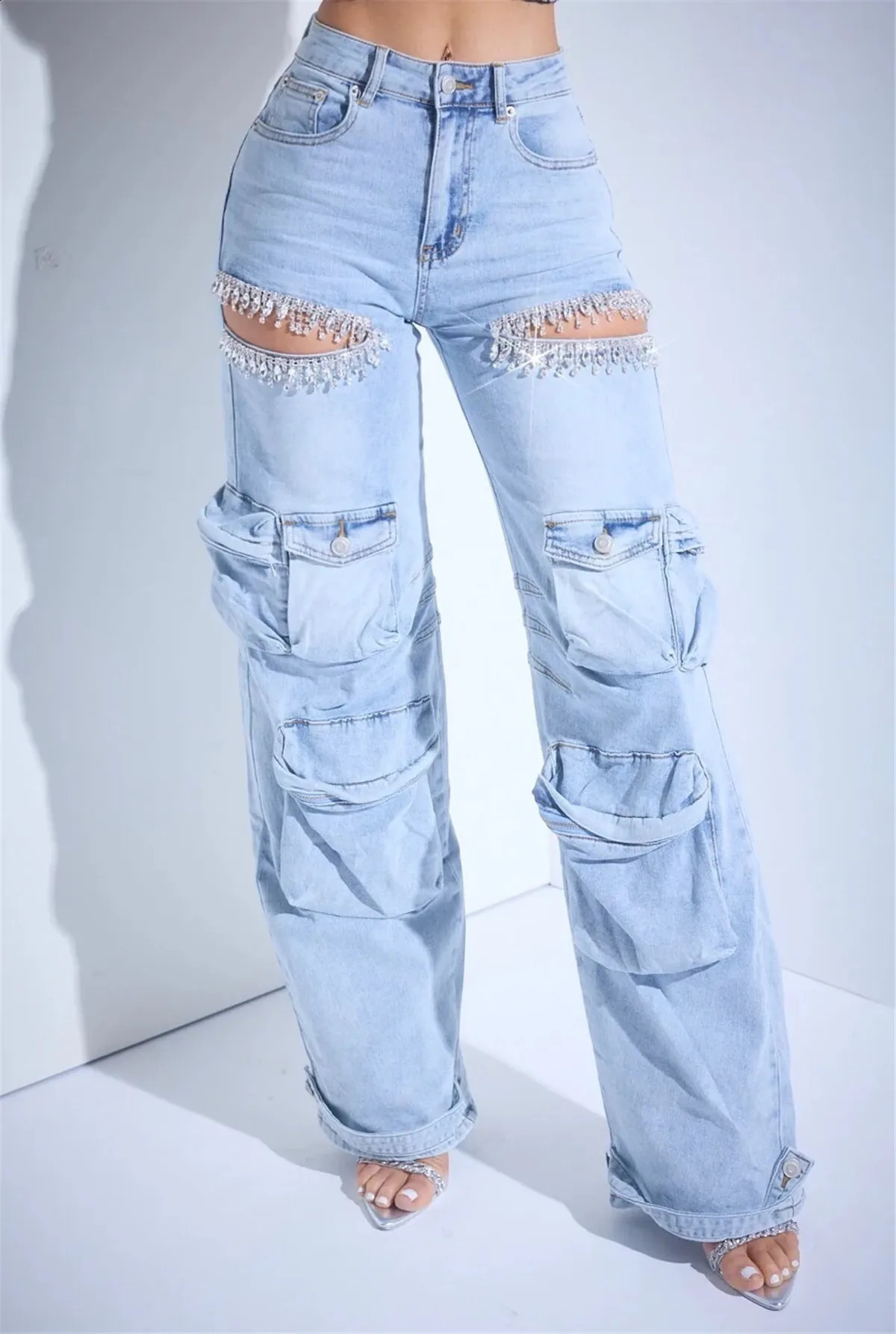 CM.YAYA Women Cutout Diamonds Crystal Hollow Out Straight Denim Pants Fall Multi Pocket High Waist Wide Leg Jeans Trousers 250703