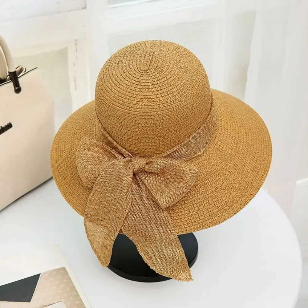 New Summer Women Sun Hat Casual Fashion Bowtie Fisherman Hat Straw Hat with Bow Ribbon Travel Beach Hat Y250707