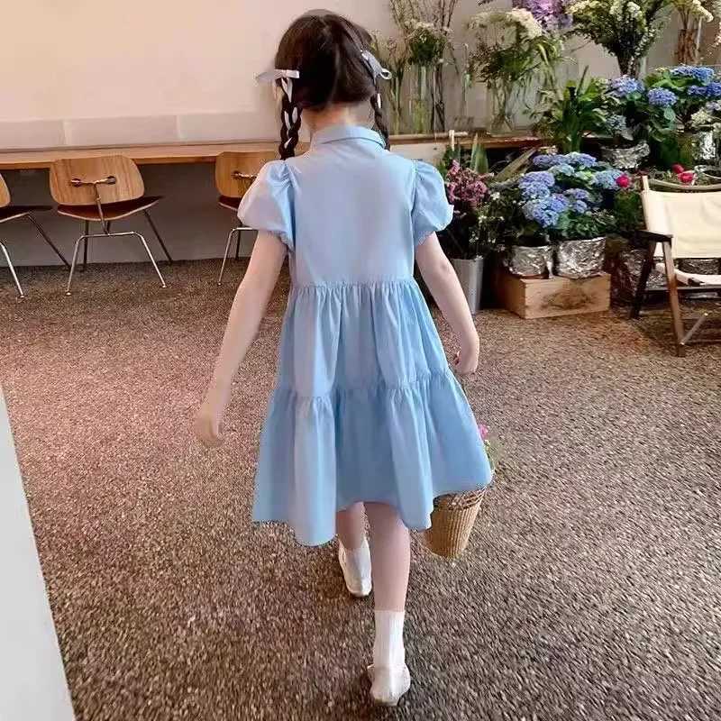2025 New Summer Girls Dress Childrens College Style Gown Teenager Turn-down Collar Clothes Kids Fashion Short Sleeve Dresses R250707