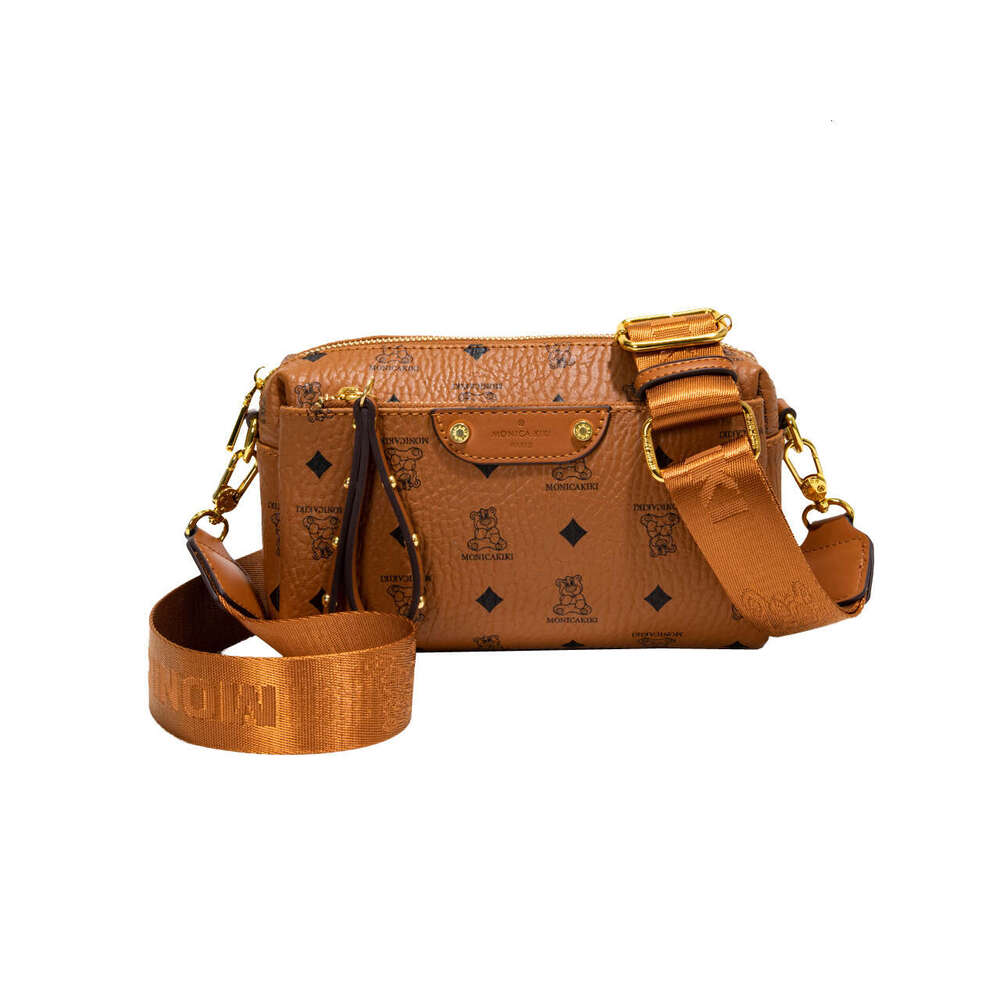 Monica Qiqi Brown Bear Print Fashion Small Square Bag for Women 2025 New Wide Strap Single Shoulder Crossbody Internet Celebrity