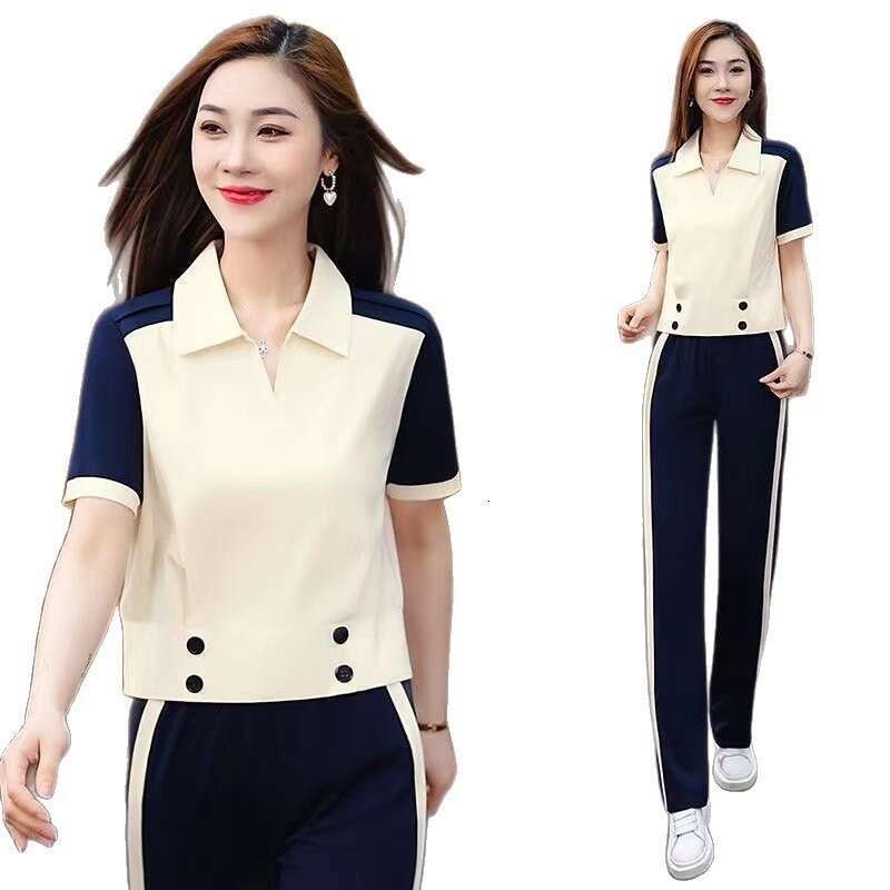 Turn-Down Collar Sports Suit For Women Summer New Casual Commuting Fashion Age-Reducing Stylish Two-Piece Set B5