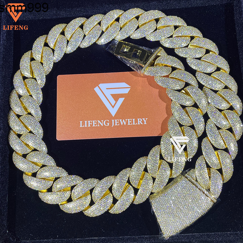 New Fashion 925 Silver Moissanite Diamond Necklace 25mm Ice Bubble Chain Gold Plated Cuban Link Alloy for Men for Hip-hop