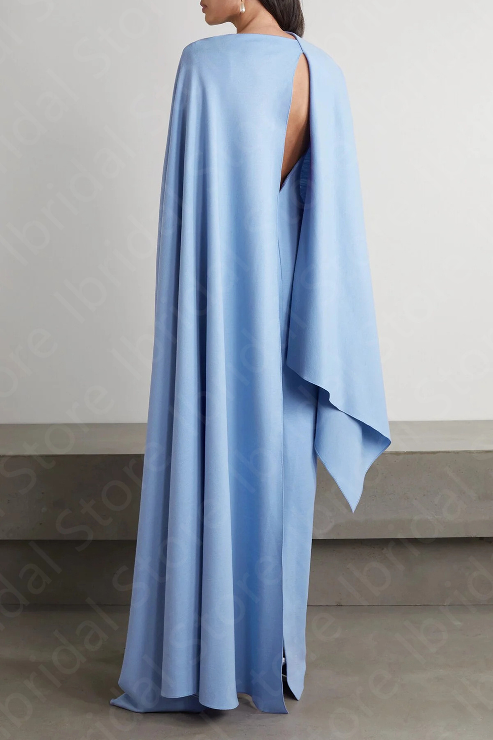 Customized Unique Baby Blue Evening Dresses Latest Prom Gowns with Cape Dresses High Neck Floor Length Simple