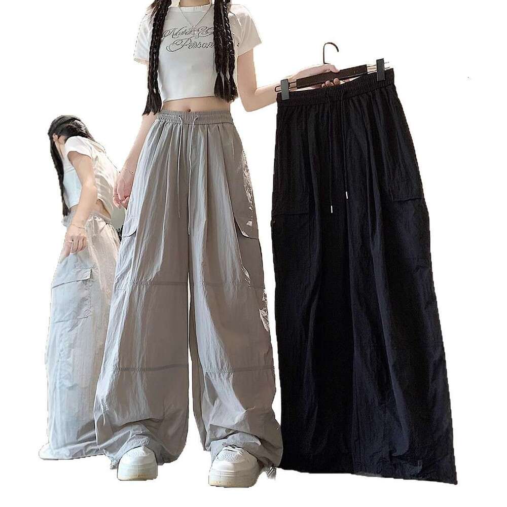 Plus Size American Style Cargo Wide-Leg For Women, Summer Thin Loose Slimming Drawstring Quick-Dry Casual Sports Straight Pants Trendy B5