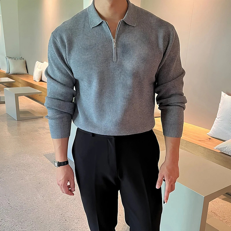 Mens Polo Neck Zipper Knit Pullover Sweater Casual Fashion Solid Color Long Sleeve Streetwear Retro Knitwear 250703