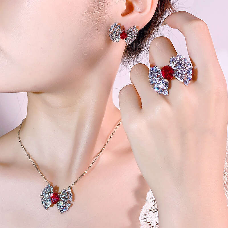 New Style Jewelry Set Necklace Earrings Ring Red Fashion Light Zircon Versatile Women's 3Fa