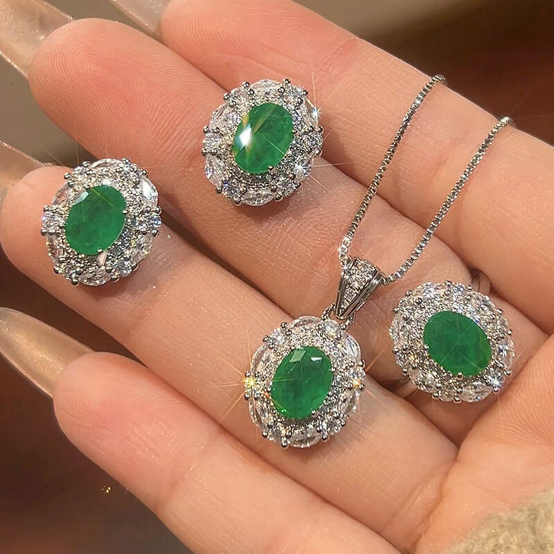Huayoumei Jewelry New Set S Sier Needle Earrings Necklace Imitation Paraiba Emerald Women's Style D18