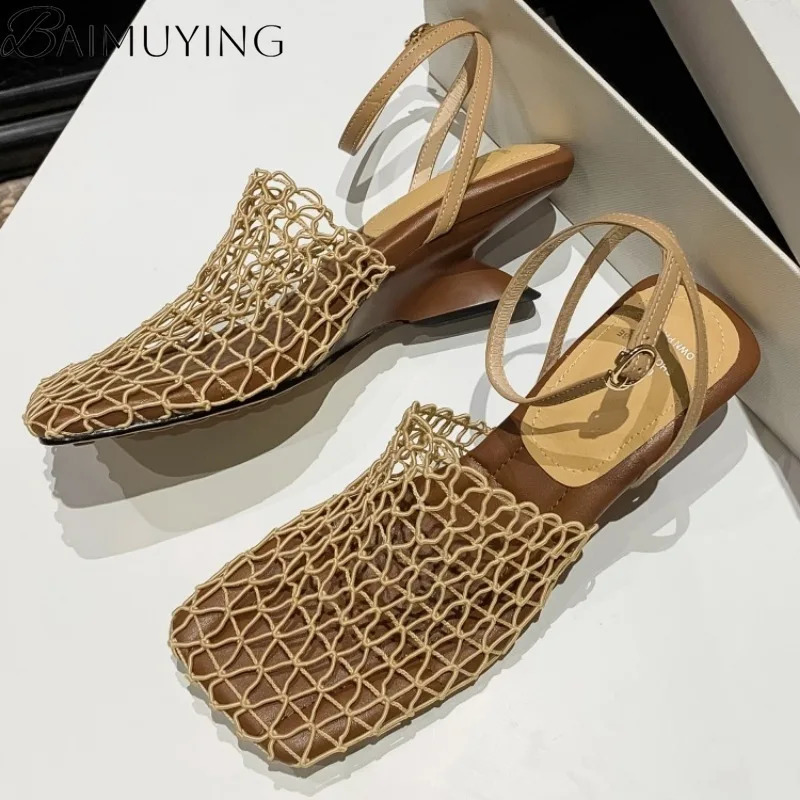 Weave Mesh Women Heeled Sandals Hollow High Heels Shoes Woman Square Toe Slingback 2025 Summer Trend Beach Pumps Sandalias Mujer 250703