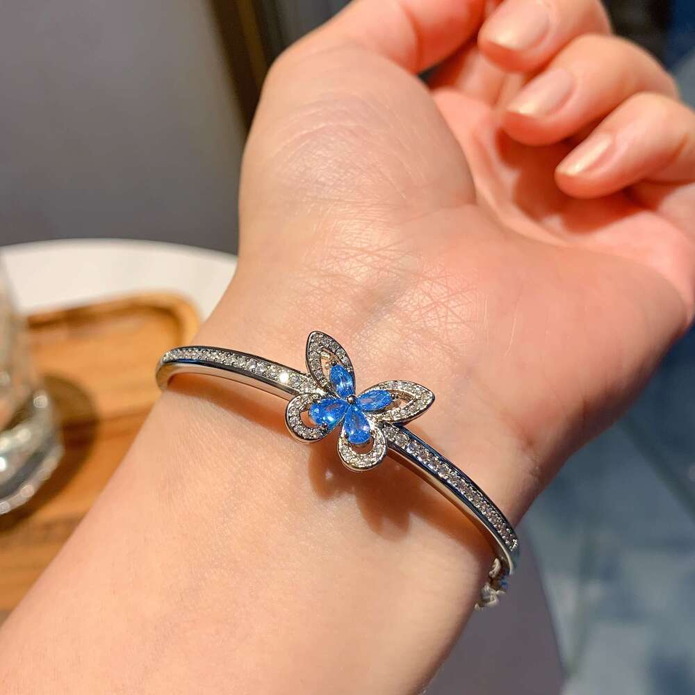Douyin Live S Sier Needle Sea Blue Dia Butterfly Three-Piece Set Bracelet Necklace Ring Earrings Wedding Jewelry E03