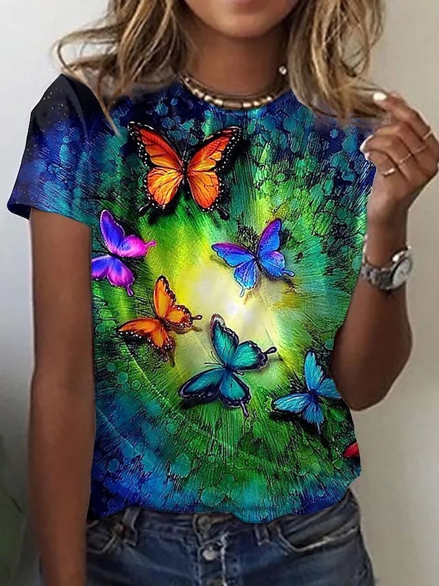2025 Summer New Women's T-shirt New Butterfly Print Gradient Short Sleeve Casual Round Neck Short Sleeve New Designer T-shirt